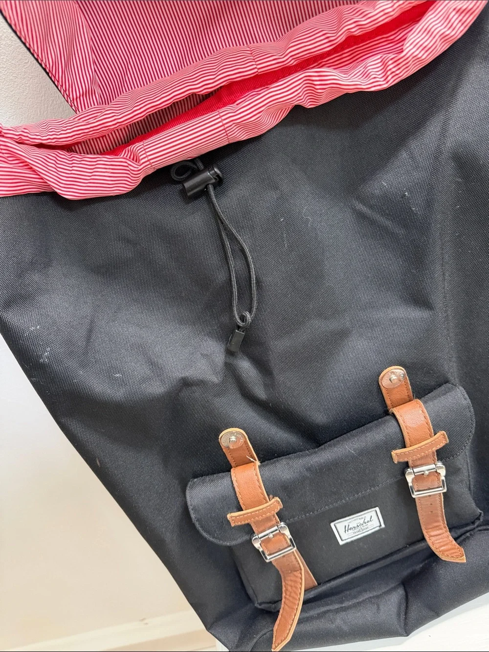 Herschel Supply Company Black Backpack with Brown Straps and Pink Lining